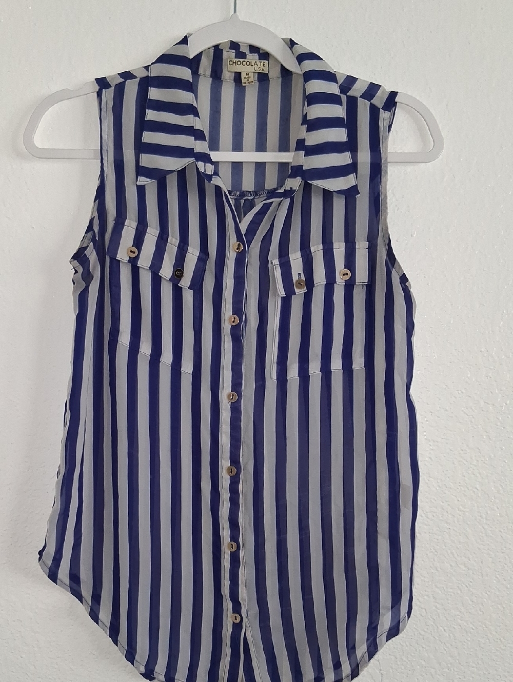Chocolate Blue & White Vertical Stripe Sleeveless Button Front Top Womans Medium